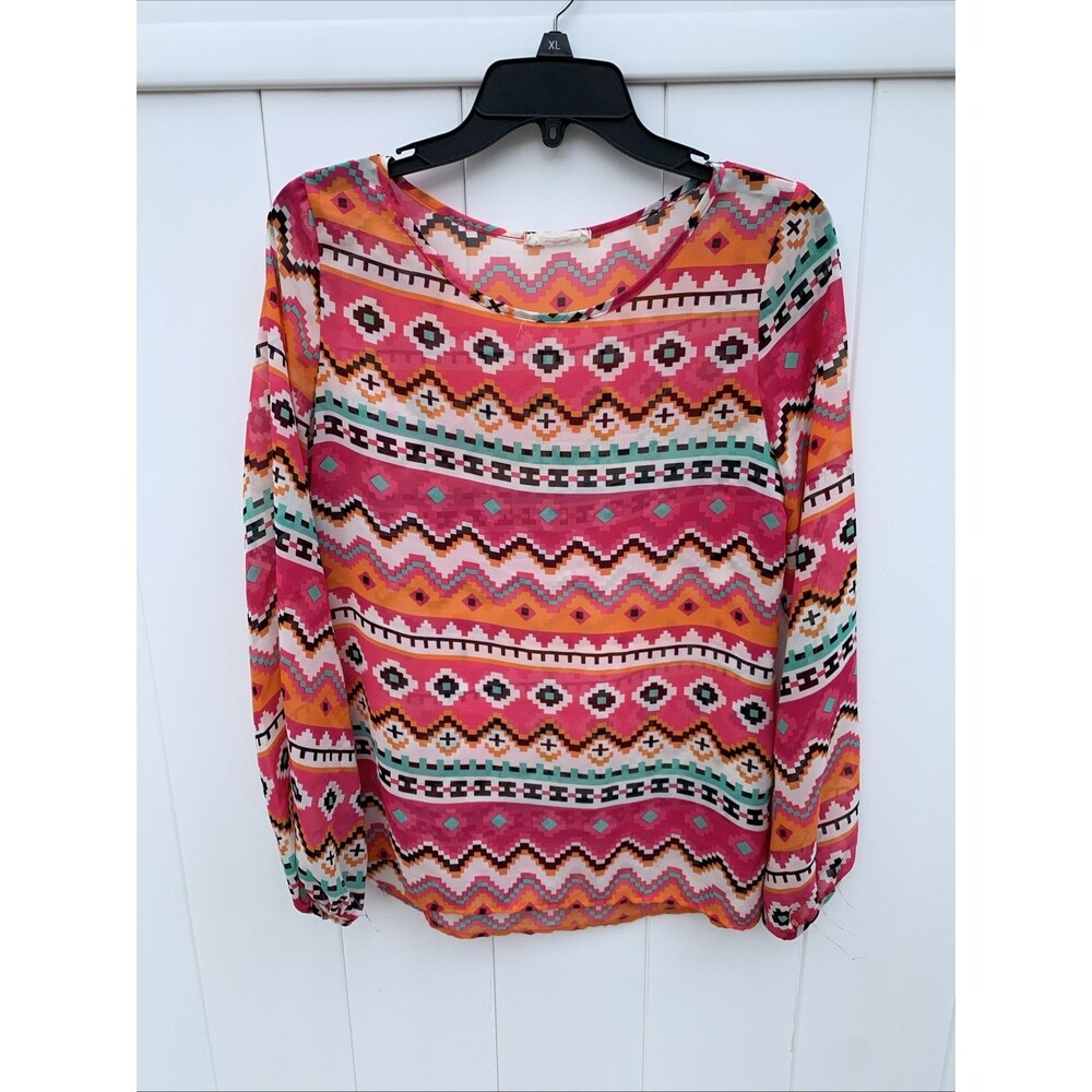 Rachel Kate Womens Top Sheer Geometric Print Long Sleeve Lightweight Sz Small